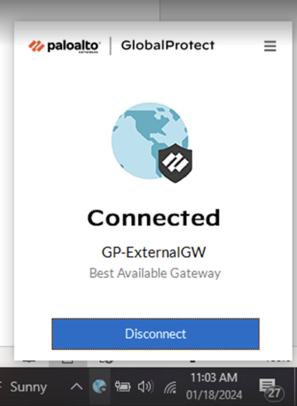 Screenshot of GlobalProtect screen with Connected status displayed