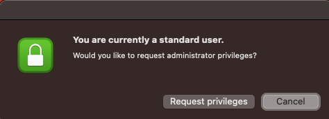 Screenshot of standard user popup