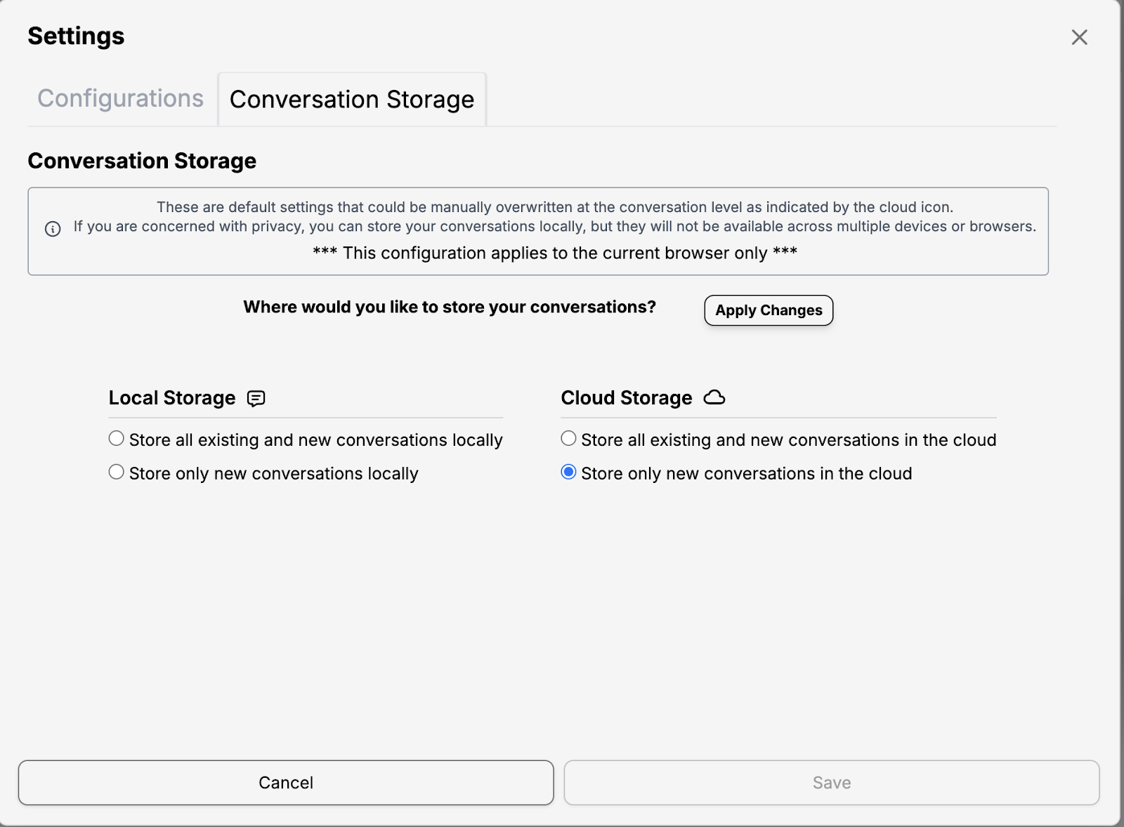 The image displays a "Settings" window for an application, with the "Conversation Storage" tab selected. It presents two main options for storing conversations: "Local Storage" and "Cloud Storage," with sub-options for storing either all or only new conversations. The current selection is "Store only new conversations in the cloud," and the window includes "Cancel," "Save," and "Apply Changes" buttons.