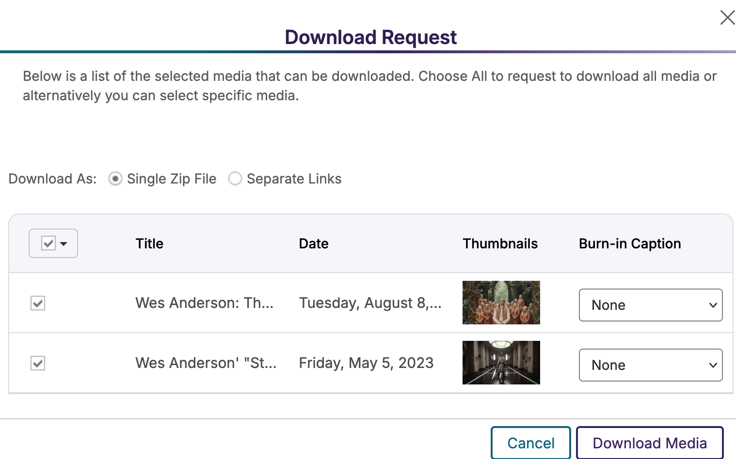 Screenshot showing a list of selected media for download.