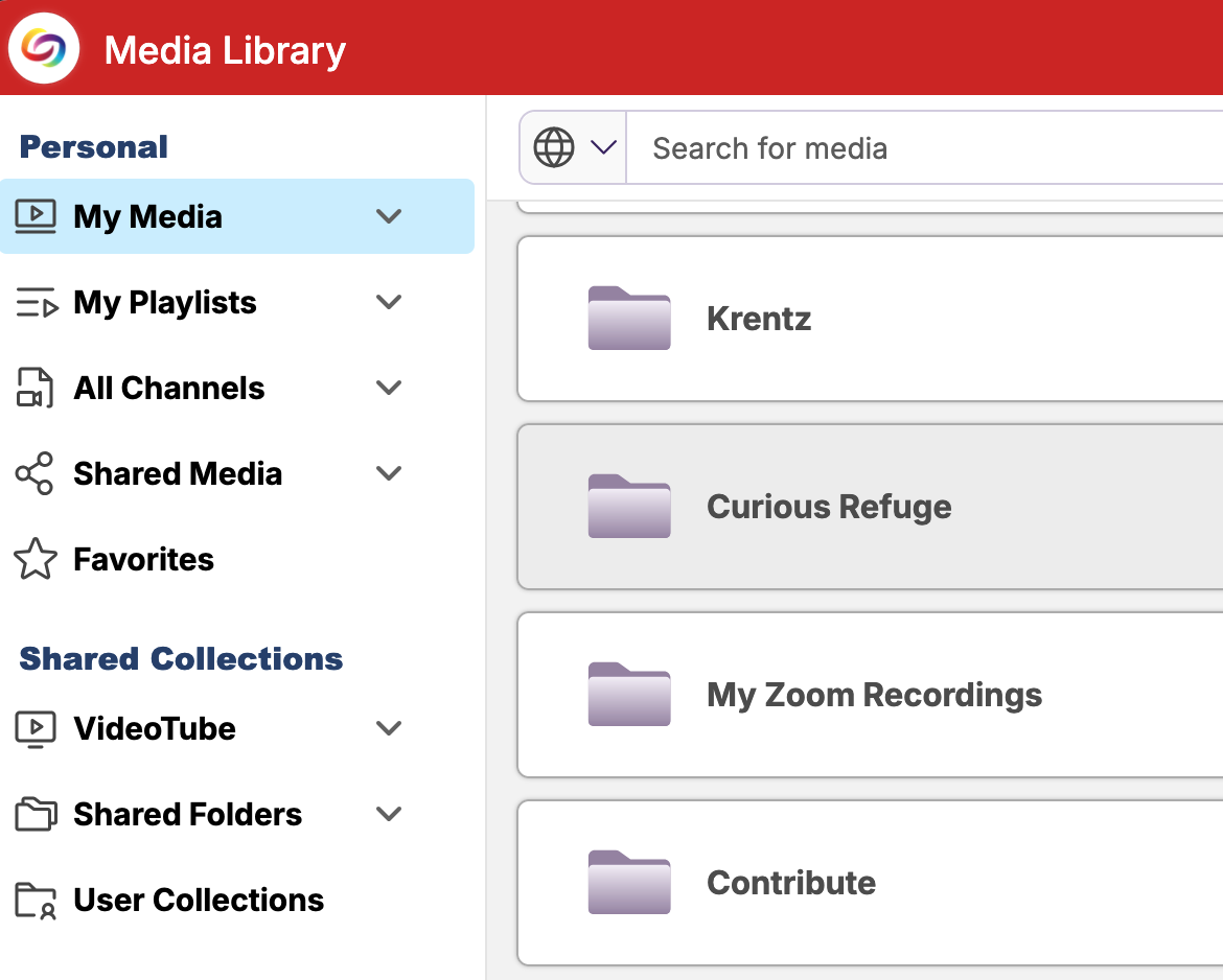 Screenshot showing the YuJa media library menu.