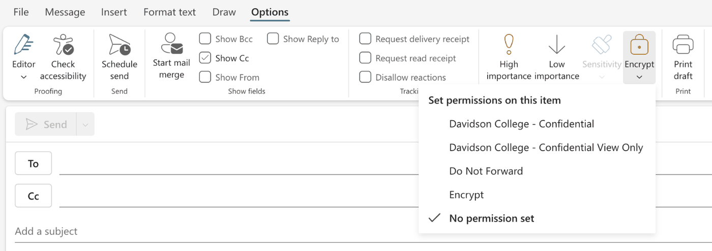 The Encrypt menu in Outlook on the web, showing Encrypt and Do Not Forward