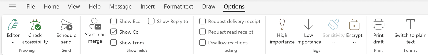 The Options tab in Outlook for Windows, with Encrypt in the Tags group