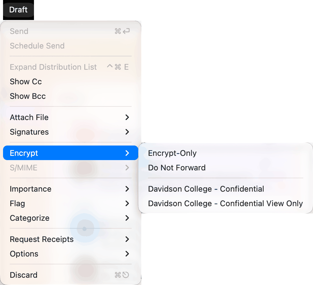 The Draft menu in Outlook for Mac with the Encrypt submenu open
